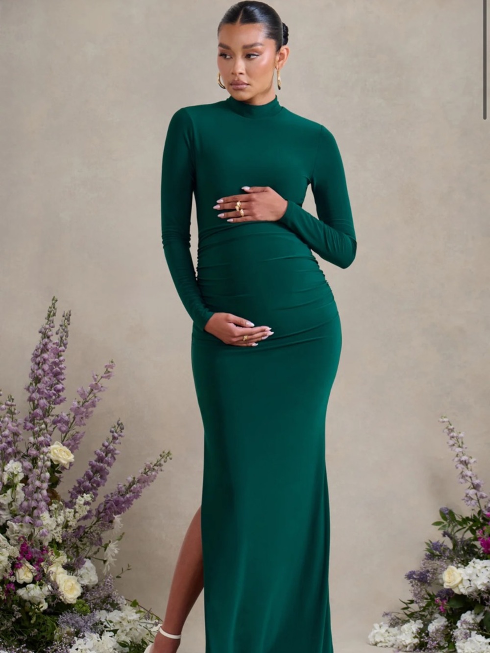 Club L London Green Maternity Maxi Dress Long Sleeve High Neck 12 NWT
